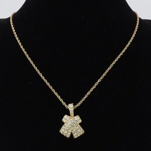 VTG 90s Swarovski Rhinestone Bow Ribbon Pendant Pave Gold Tone Signed